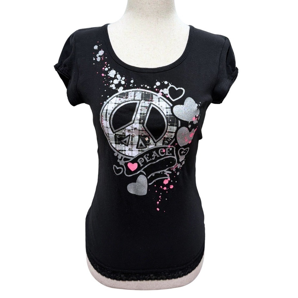 y2k 2000s Justice Black Peace Sign Heart Glitter Studded Lace Trim Top Size 16
